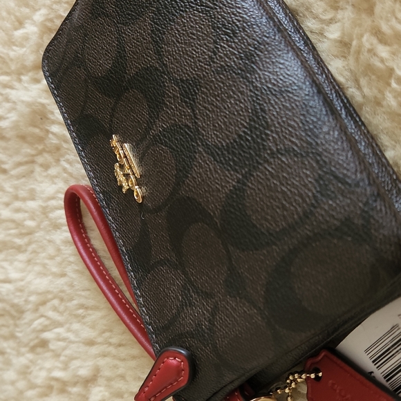 NWT Coach Double Corner Zip Brown/Ruby Signature Wristlet Bag ๐ - Picture 3 of 16